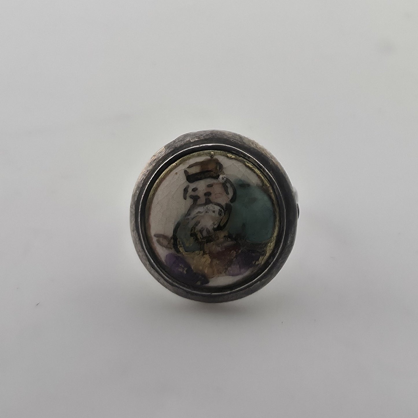 Antique Japanese Satsuma Porcelain Button Ring Sterling Silver Size 5 Jewelry