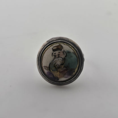 Antique Japanese Satsuma Porcelain Button Ring Sterling Silver Size 5 Jewelry