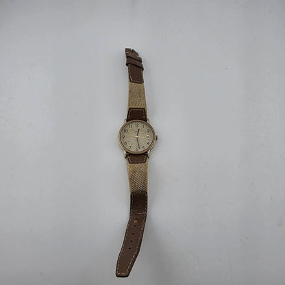 Timex Quartz Watch Beige Dial Date Brown Canvas Leather Strap Working