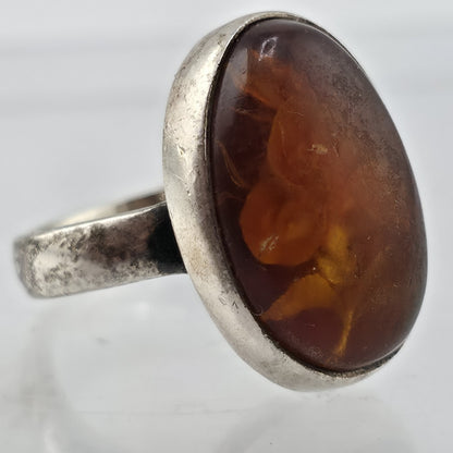 Polish Baltic Amber Reverse Carved Sterling Silver Ring 925 Size 8 Vintage