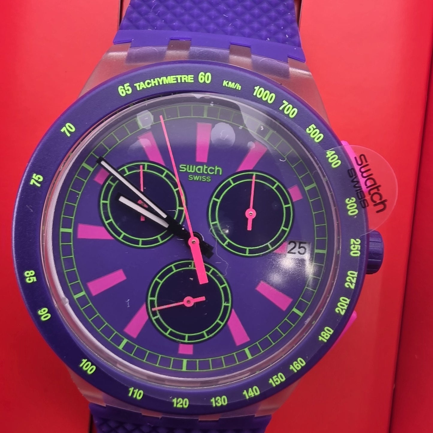 NEW RARE SWATCH SWISS MADE PURP-LOl CHRONOGRAPH WATCH, SUSK400 NEW 42MM Purple