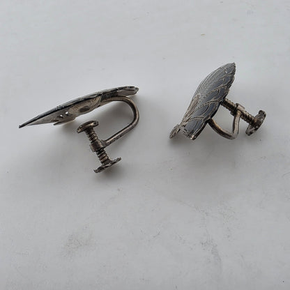 Vintage Siam Sterling Silver Niello Fan Screw Back Earrings Made In Siam Thai