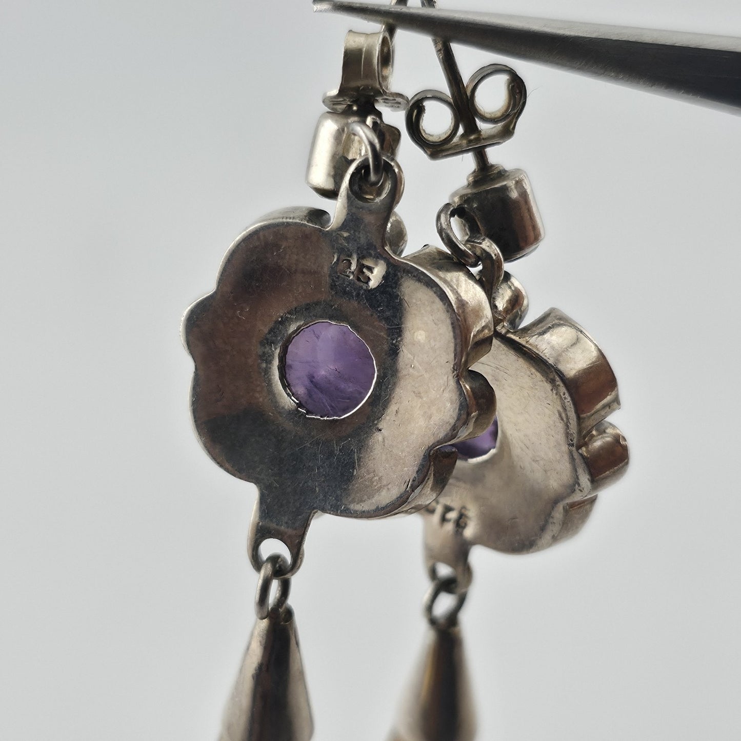 Vintage 925 Sterling Silver Amethyst Citrine Dangle Earrings Gemstone Drop Boho