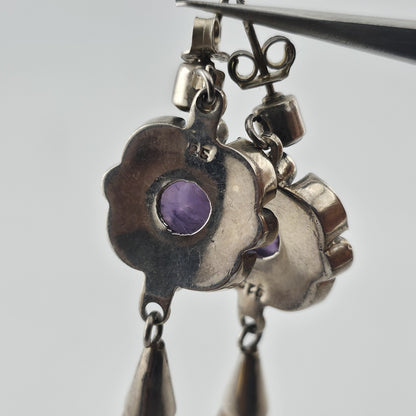 Vintage 925 Sterling Silver Amethyst Citrine Dangle Earrings Gemstone Drop Boho