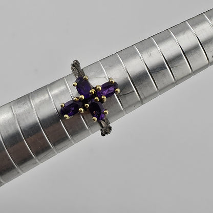 Sterling Silver Cross Ring Purple Amethyst Stones Artisan Organic Band Sz 6.75