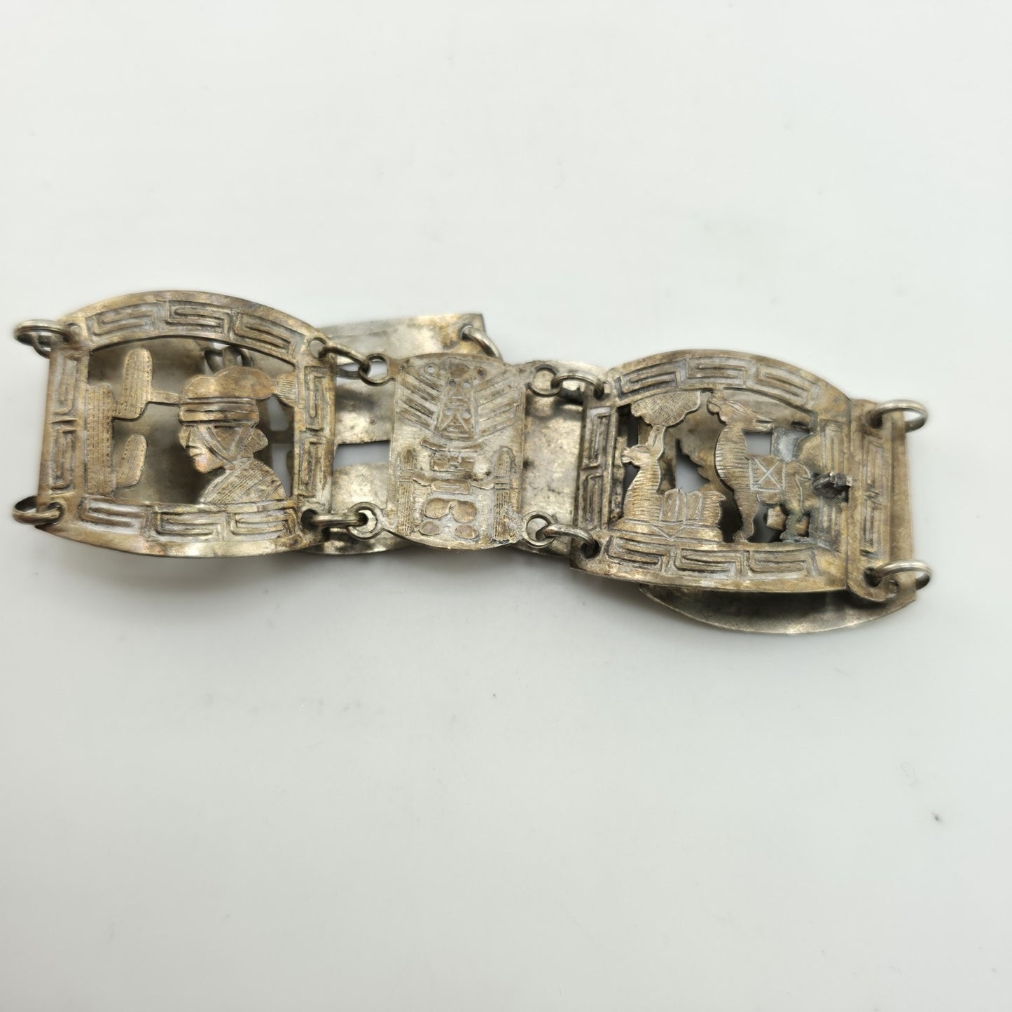 Vintage Sterling Peruvian Story Panel Link Bracelet Cultural Motif Design 15.5g