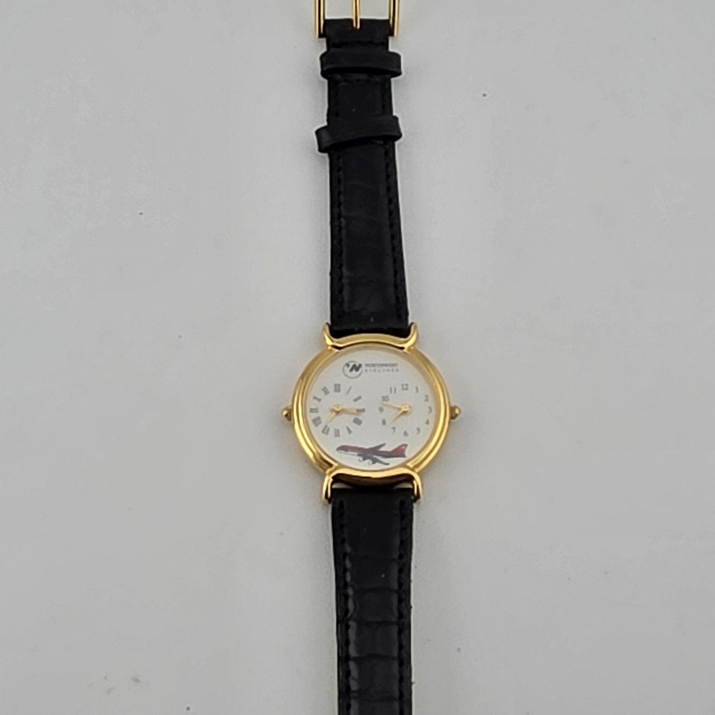 Vintage Northwest Airlines Dual Time Zone Watch Working Gold Tone Black Strap