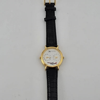 Vintage Northwest Airlines Dual Time Zone Watch Working Gold Tone Black Strap
