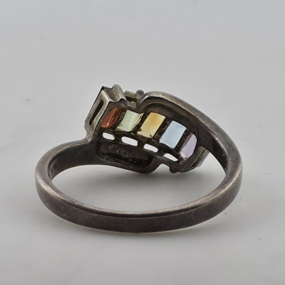 Sterling Silver Rainbow Multi-Gem Baguette Ring, Size 8 925 GNA Jewelry