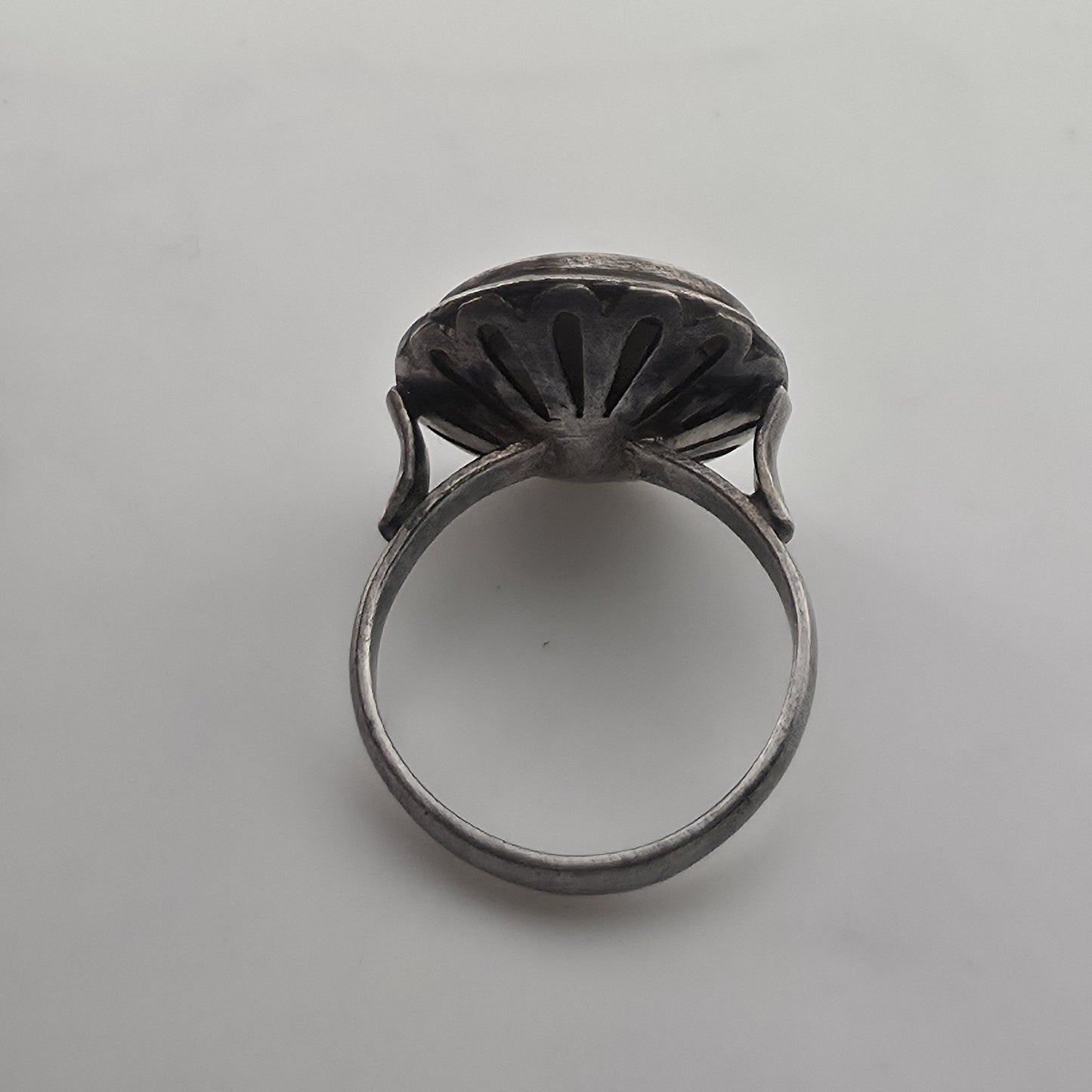 Antique Japanese Satsuma Porcelain Button Ring Sterling Silver Size 5 Jewelry
