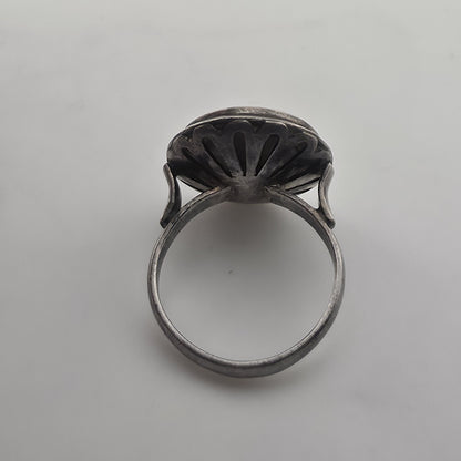 Antique Japanese Satsuma Porcelain Button Ring Sterling Silver Size 5 Jewelry