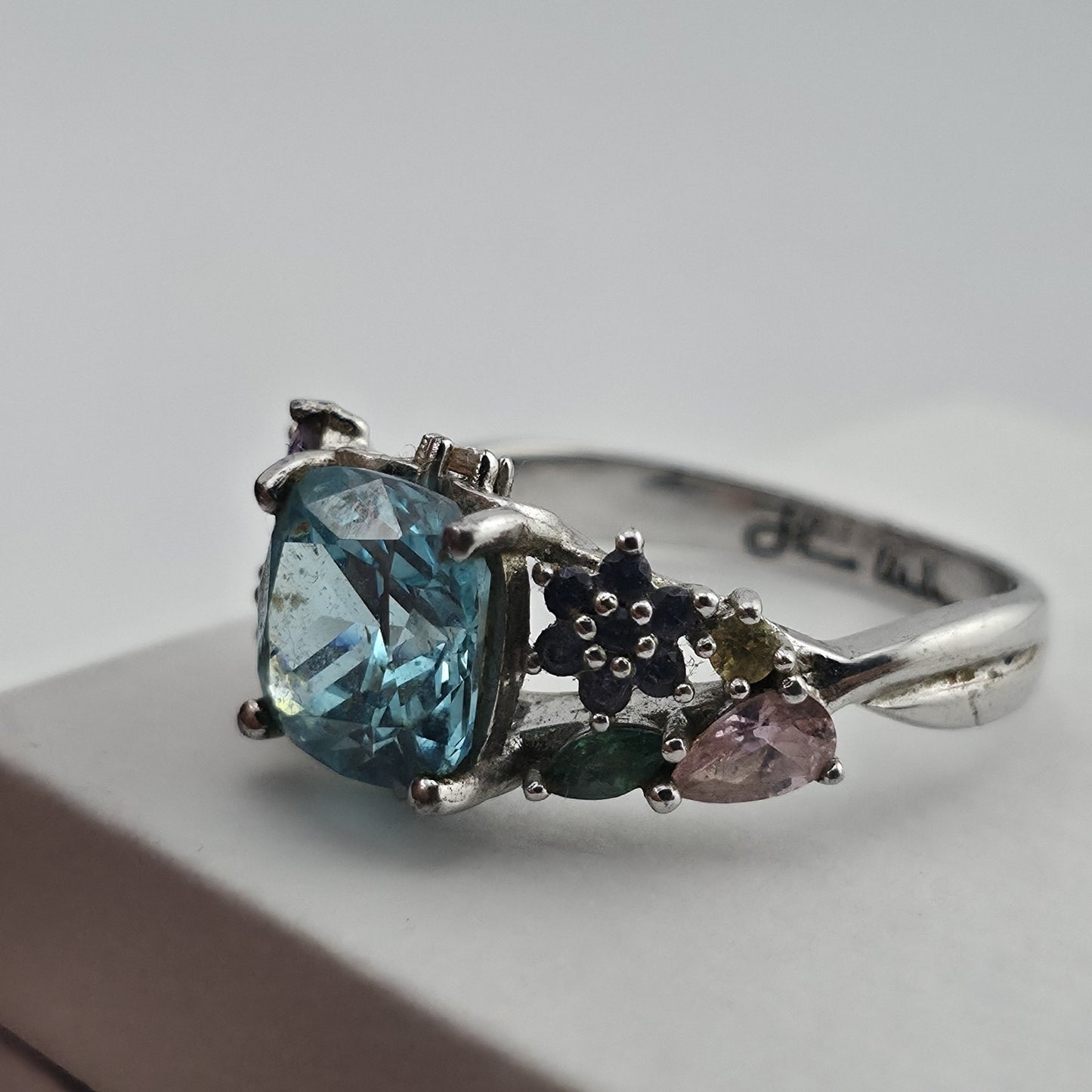 Thomas Kinkade BGE 925 Sterling Silver Multi Gem Floral Ring Blue Stone Size 9
