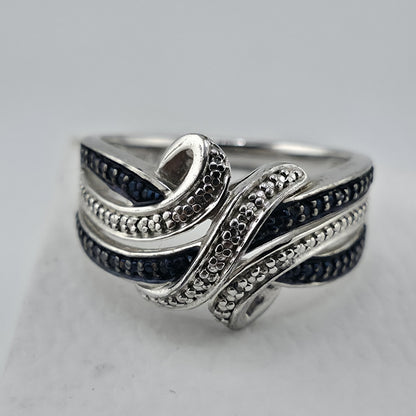 Sterling Silver Blue & Clear Stone Wave Ring Size 7 925 Statement Band