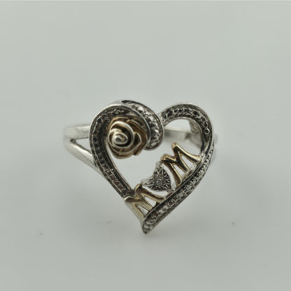 Sterling Silver Ring 925 Mom Heart Diamond Two Tone Size 8.75 Vintage
