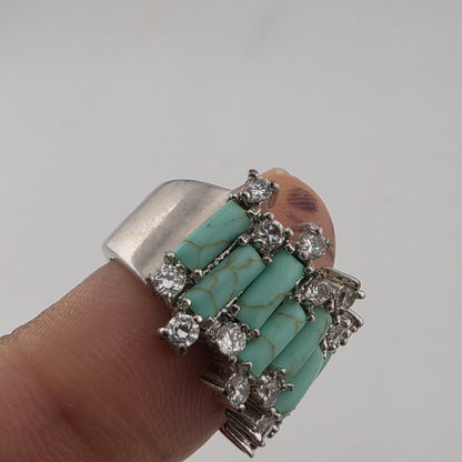 Silver Tone Faux Turquoise & Clear Stone Statement Ring Size 8 Costume fashion