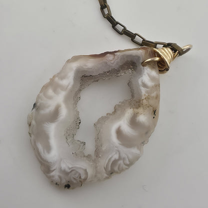 Vintage Druzy Agate Geode Pendant Necklace Brass Spike Layered Boho Jewelry