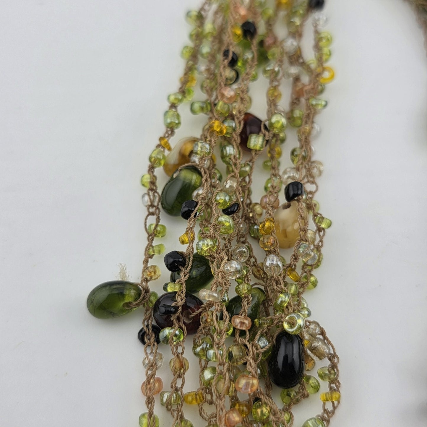 Multistrang Gemstone Handmade Crochet Necklace Olive, avocado Green tones 18"