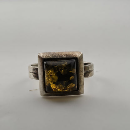 Vintage Sterling Silver Baltic Amber Ring Size 7 Geometric Modernist Statement
