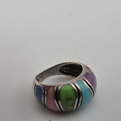Sterling Silver Multi Color Inlay Ring Southwestern Style Dome Size 5.5