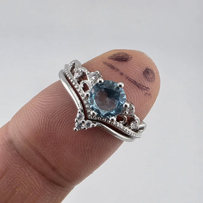 Silver Tone Blue Stone Tiara Ring Set 2 Pcs Size 7 New Cute Fashion costume