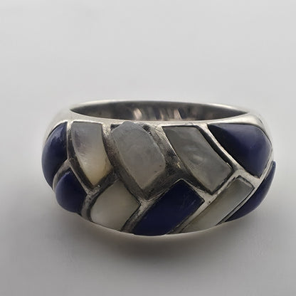 Vintage Sterling Silver Blue White Inlay Ring Size 6 Thailand 925 Mosaic Dome