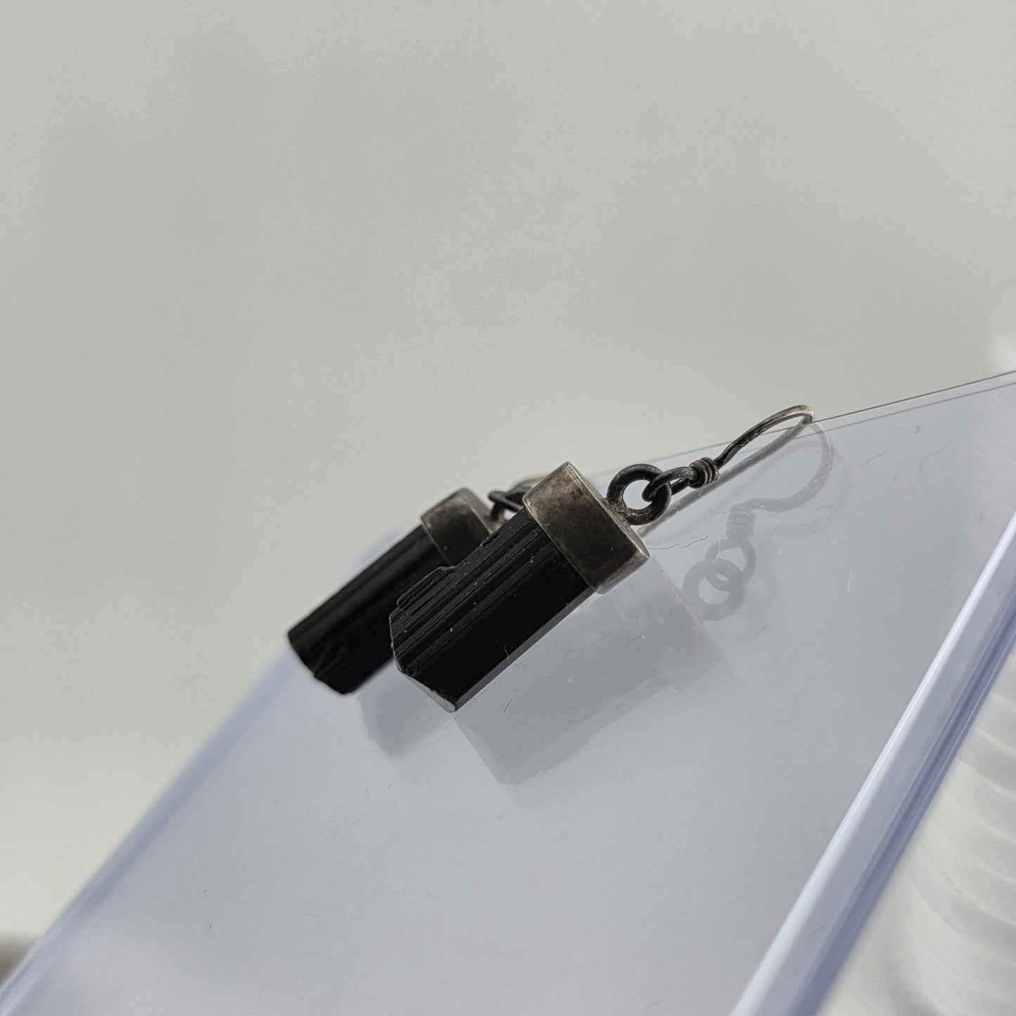 Vintage Sterling Silver Black Tourmaline Drop Earrings Raw Crystal Dangle