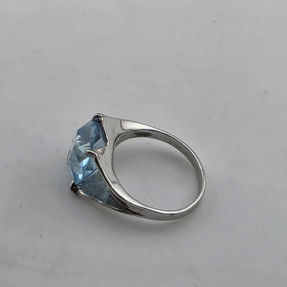Silver Tone Ring Large Blue Stone Statement Size 5 Fashion Jewelry
