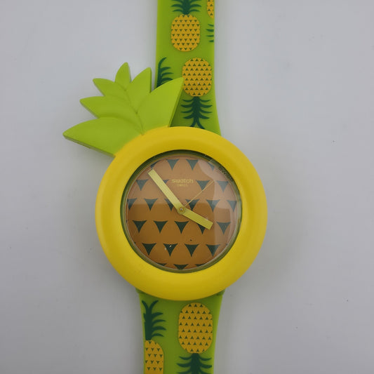 Swatch Originals Exotic Taste Pineapple Watch Green Strap Removable Bezel New