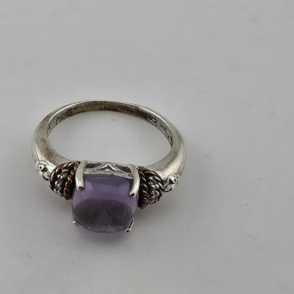 Sterling Silver & 18K Amethyst Cabochon Ring Designer Signed P G Size 5.75