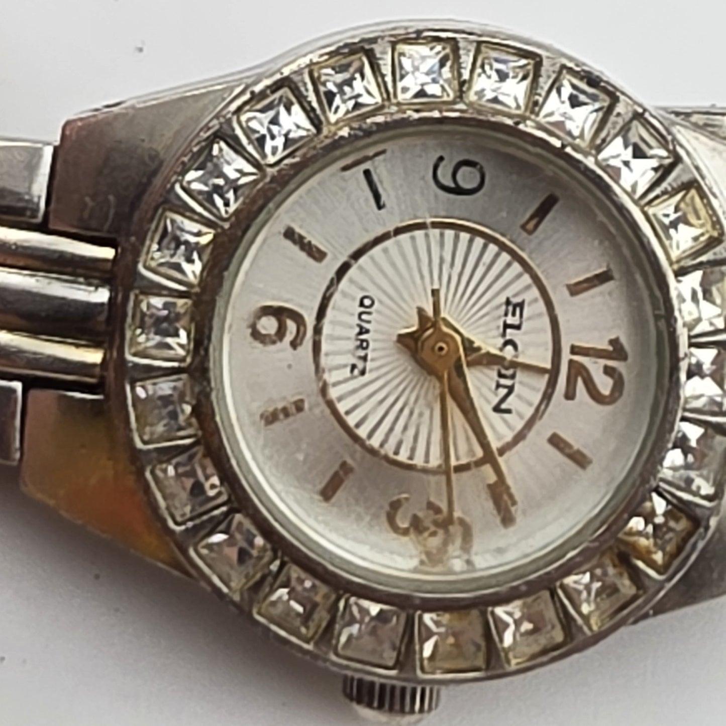 Vintage Elgin Ladies Quartz Watch Crystal Bezel Two Tone Bracelet Runs Read