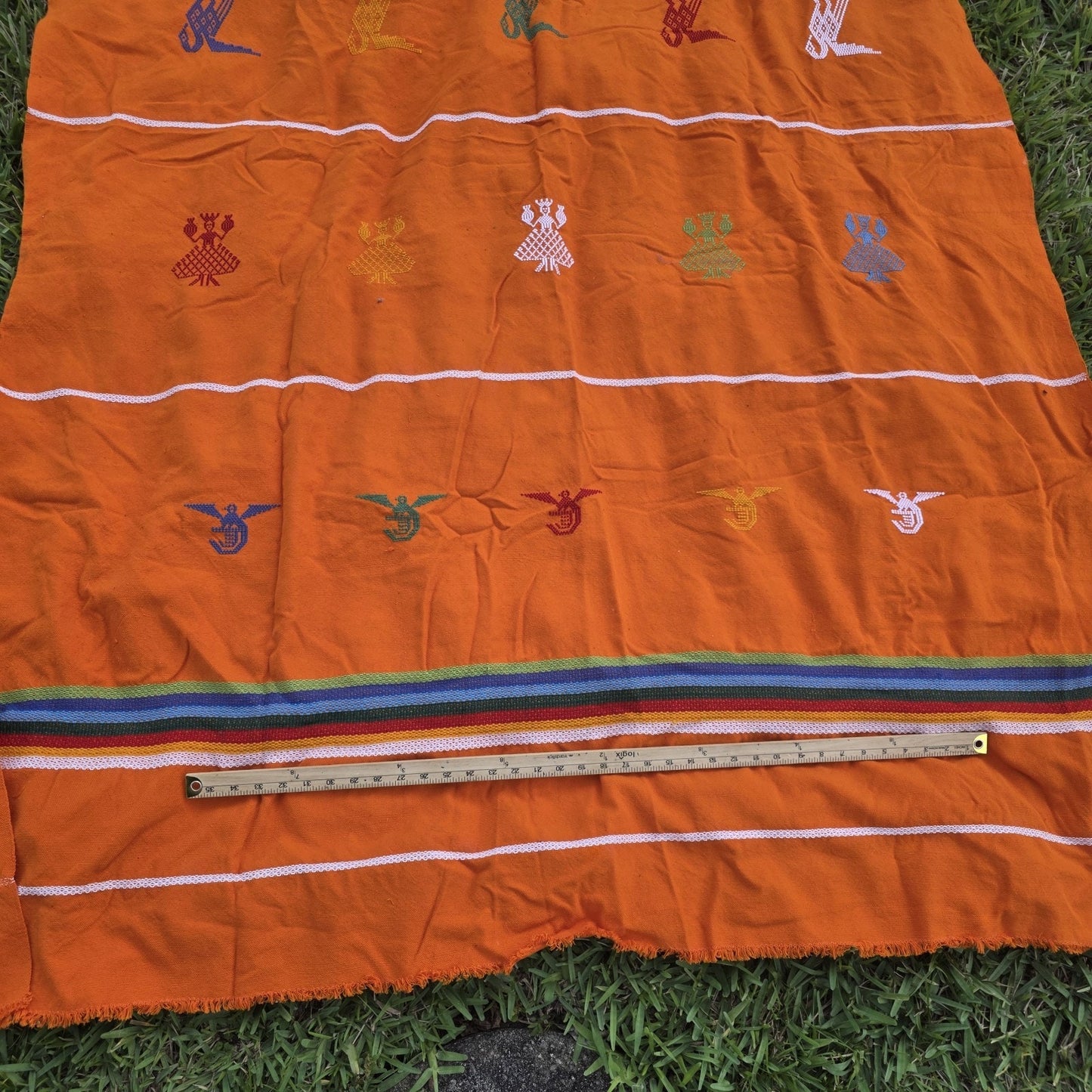 Vintage Mexican Handwoven Orange Blanket Bird Embroidery Serape Textile Throw