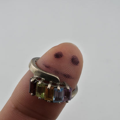 Sterling Silver Rainbow Multi-Gem Baguette Ring, Size 8 925 GNA Jewelry