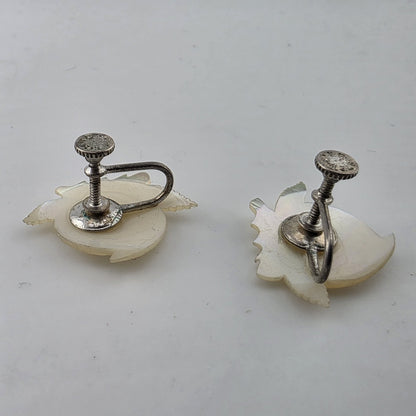 Vintage Sterling Silver Mother Of Pearl Screw Back Earrings Floral Leaf Shell