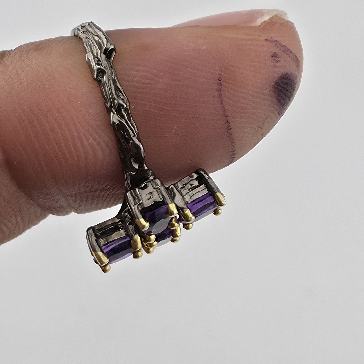 Sterling Silver Cross Ring Purple Amethyst Stones Artisan Organic Band Sz 6.75