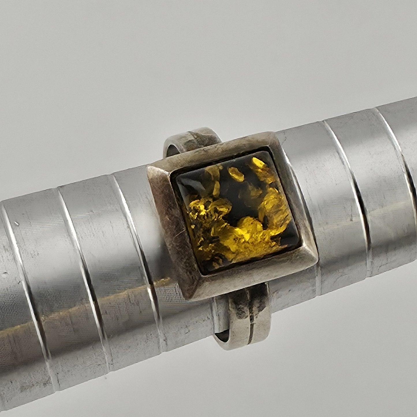 Vintage Sterling Silver Baltic Amber Ring Size 7 Geometric Modernist Statement