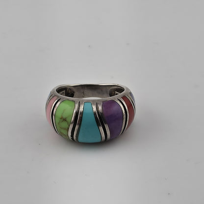 Sterling Silver Multi Color Inlay Ring Southwestern Style Dome Size 5.5