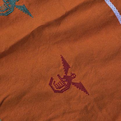 Vintage Mexican Handwoven Orange Blanket Bird Embroidery Serape Textile Throw