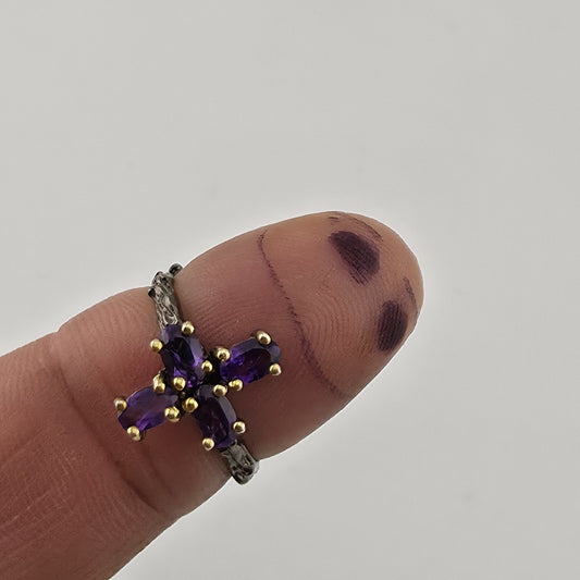 Sterling Silver Cross Ring Purple Amethyst Stones Artisan Organic Band Sz 6.75