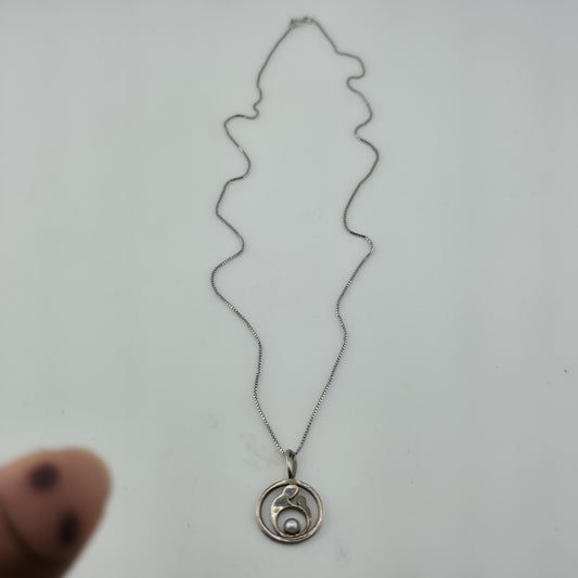 Sterling Silver 925 Mother & Child Pendant Necklace Pearl Charm 20in