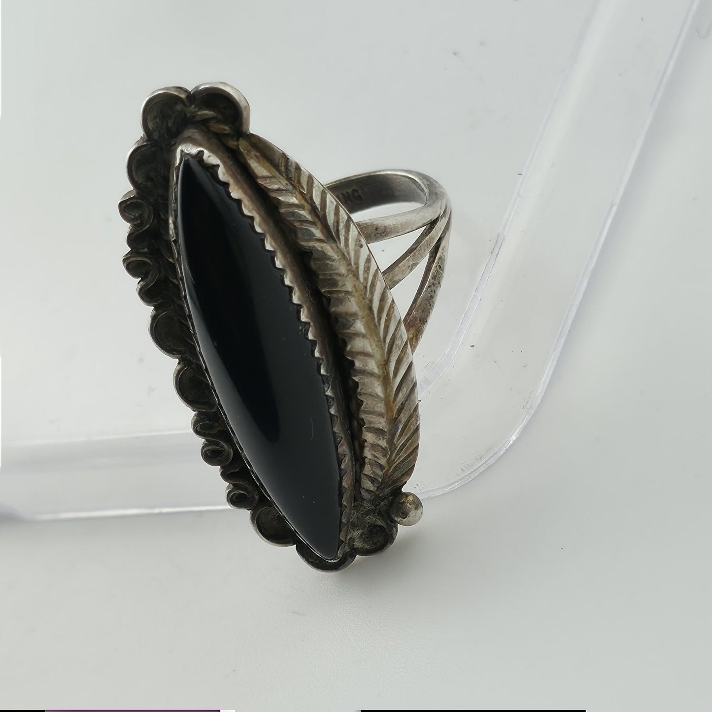 Vintage Sterling Silver Black Onyx Navajo Ring MW Size 7.5 Marquise Statement