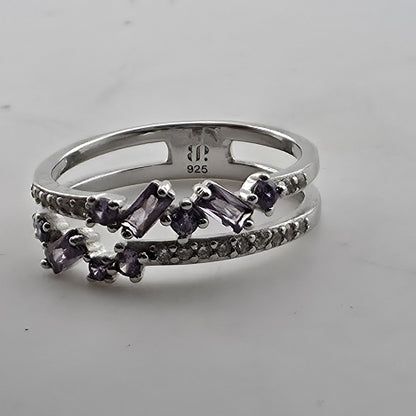 925 Sterling Silver Purple Amethyst Baguette Round Stone Ring Size 9 Split Band