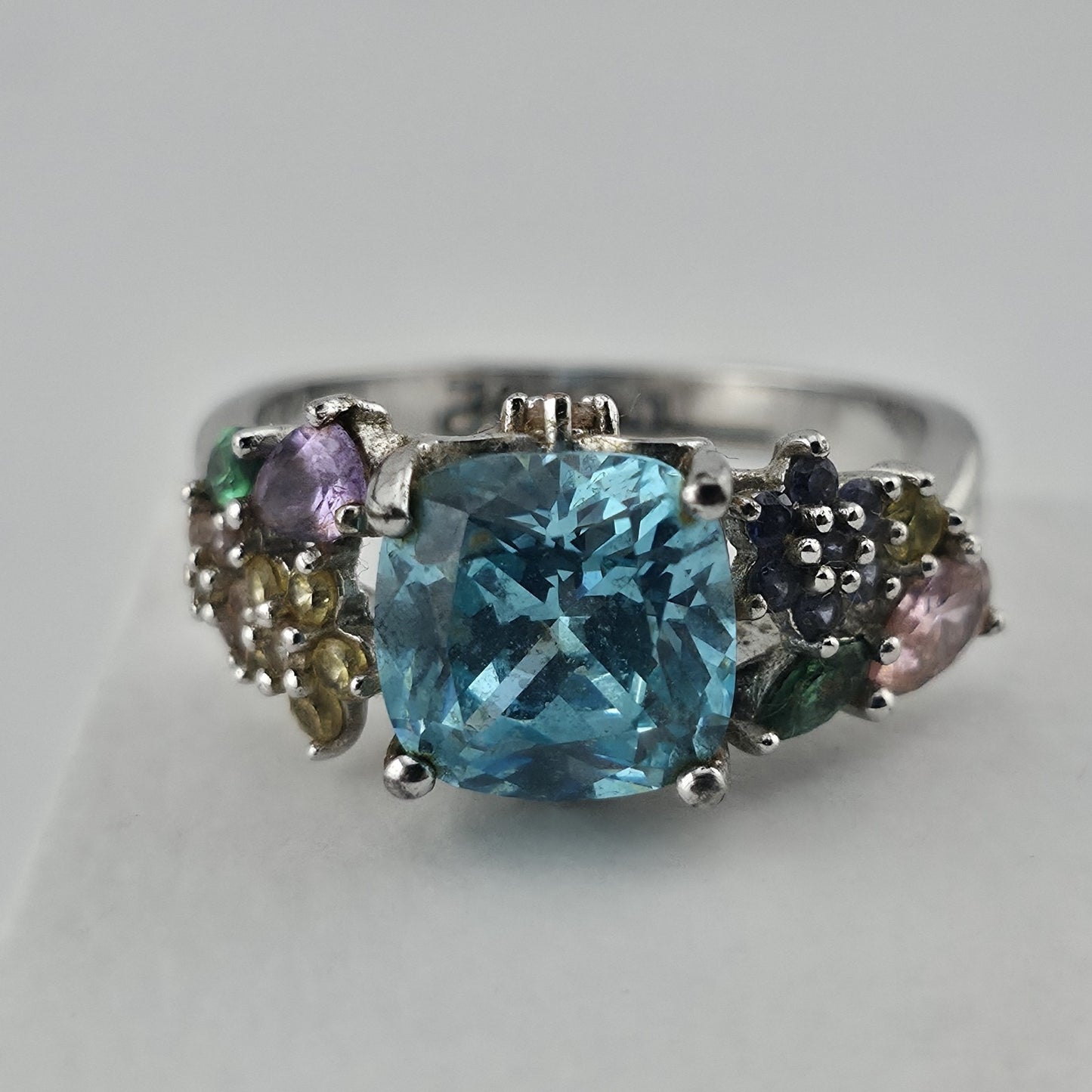 Thomas Kinkade BGE 925 Sterling Silver Multi Gem Floral Ring Blue Stone Size 9