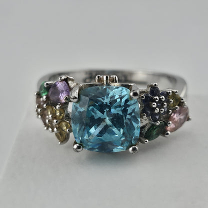 Thomas Kinkade BGE 925 Sterling Silver Multi Gem Floral Ring Blue Stone Size 9
