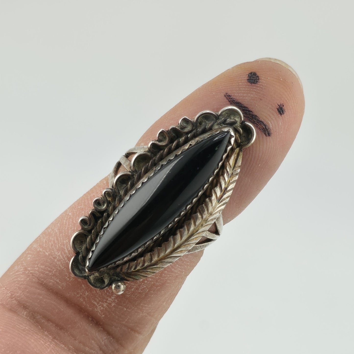 Vintage Sterling Silver Black Onyx Navajo Ring MW Size 7.5 Marquise Statement