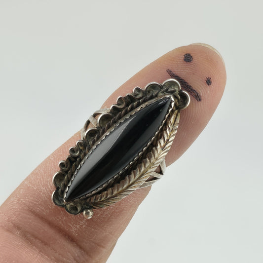 Vintage Sterling Silver Black Onyx Navajo Ring MW Size 7.5 Marquise Statement