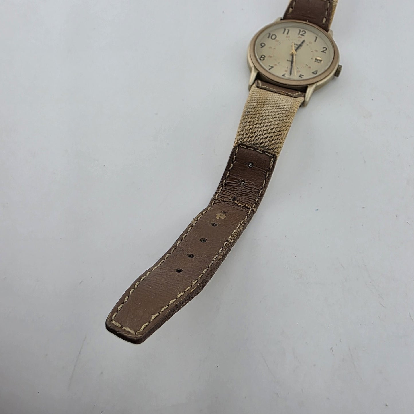 Timex Quartz Watch Beige Dial Date Brown Canvas Leather Strap Working