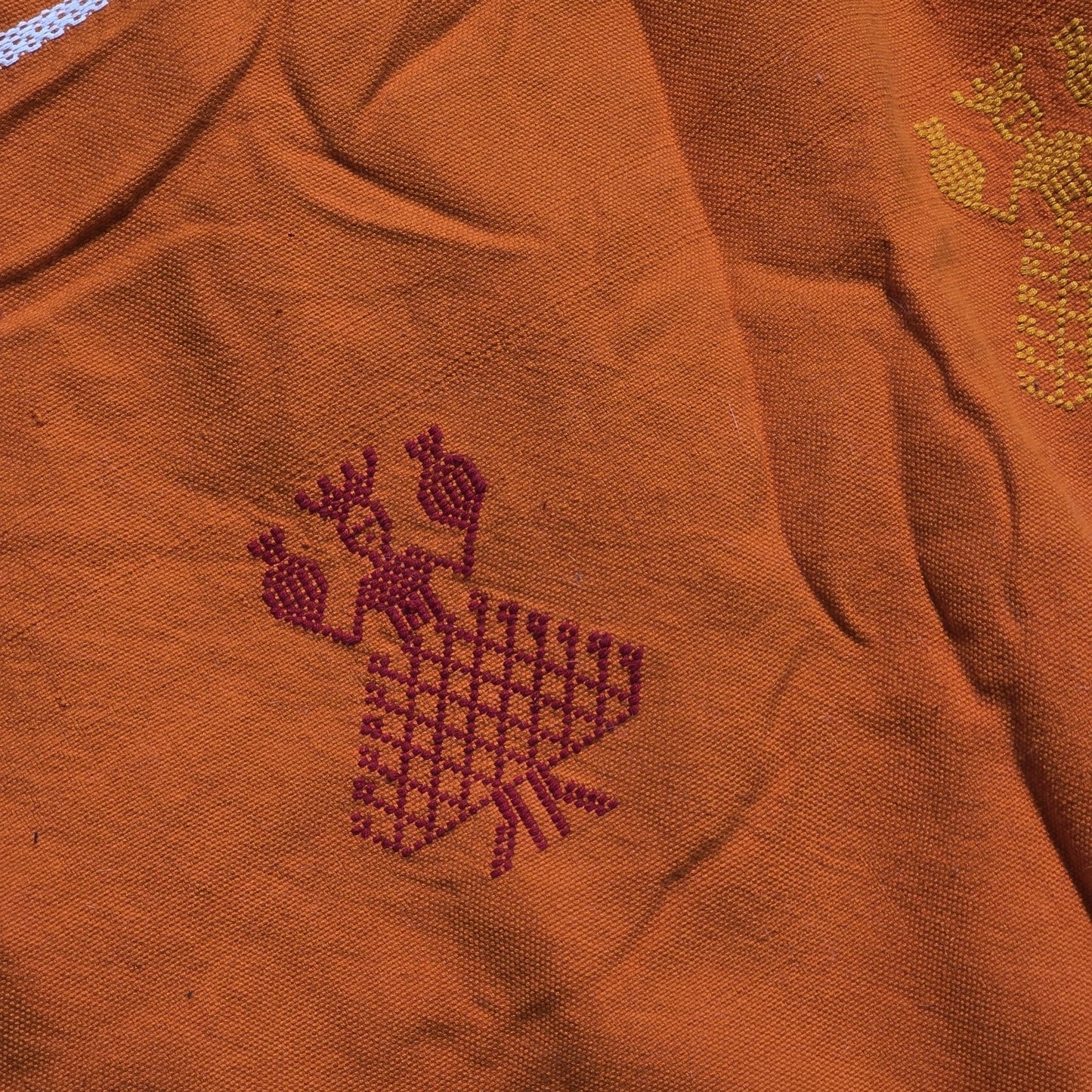 Vintage Mexican Handwoven Orange Blanket Bird Embroidery Serape Textile Throw