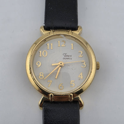Vintage Timex Quartz Women's Gold Tone Dress Watch Black Strap Runs 6.75 Wrist