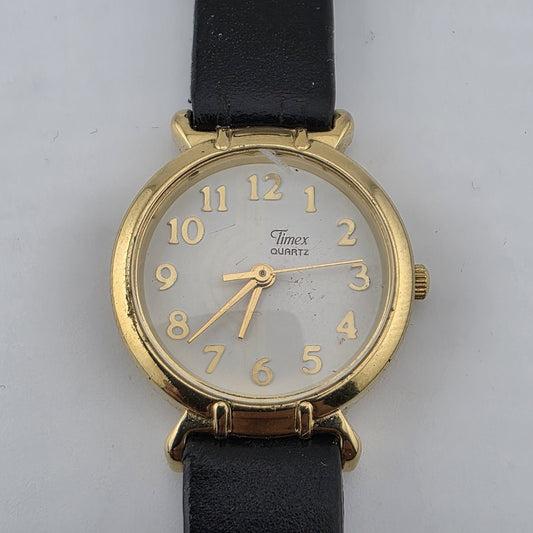 Vintage Timex Quartz Women's Gold Tone Dress Watch Black Strap Runs 6.75 Wrist