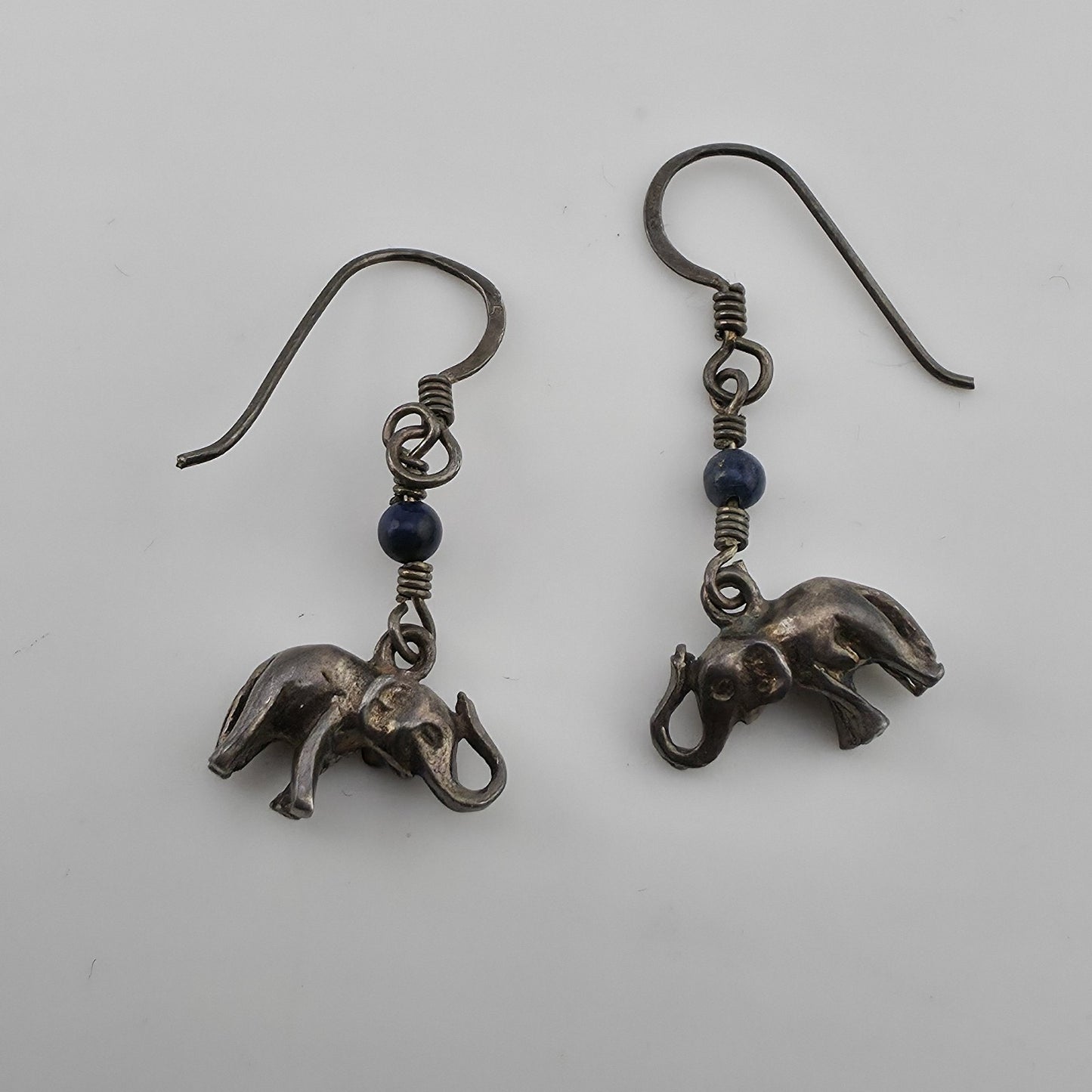 Vintage Elephant Dangle Earrings Blue Bead Silver Tone Boho Tribal Jewelry
